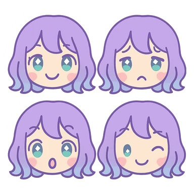 Create four emoticon faces of the referenced girl in anime style: happy, sad, surprised, and winking expressions. Use a transparent background. sticker