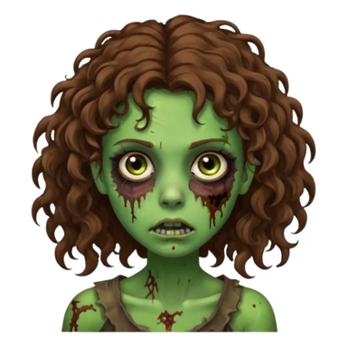 Faça uma garota zombie de cabelo cacheado castanho, olhos castanhos escuro e pele verde d zombie, com o cabelo abaixo do ombro sticker