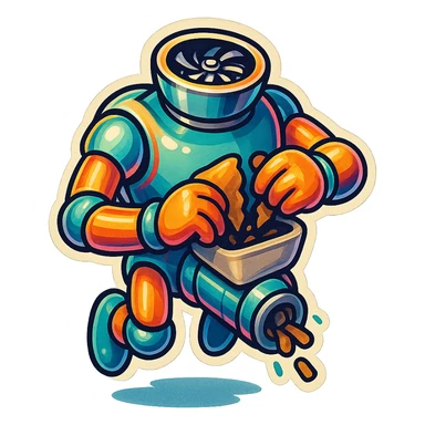 hovering robot. stuffs material into large hole on its top with 2 arms. no head. hole is where a head would be. spinning gears and blades in hole grind material.  3/4 view. between realism and cartoon. well lit. no dramatic lighting. metallic shiny robot. works diligently. drake humor sticker