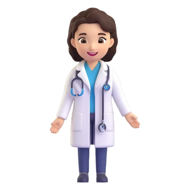 Female doctor with a different hairstyle, 3D emoji style, smiling, wearing a white coat and stethoscope. Maintain the 3D emoji style and friendly medical theme. sticker
