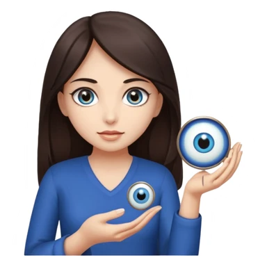 A girl with dark brown hair is holding a huge evil eye amulet in her hand. sticker