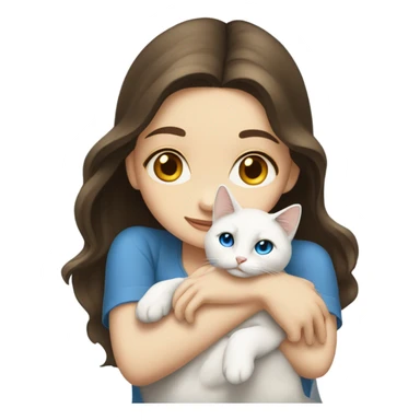Brunette girl blue eyes hugging a fully white cat golden eyes sticker