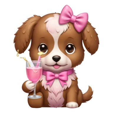 Cute brown puddle puppy with a pink bow and a cup of pink champagne sticker
