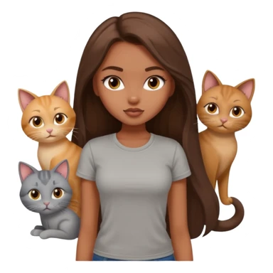 a pretty bratz dusky girl with long brown hair with six cats nd wearing a grey tshirt sticker