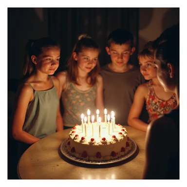 early 2000s digital camera style photograph of a birthday party, low quality, harsh flash, visible noise, candid moment, people around a cake sticker