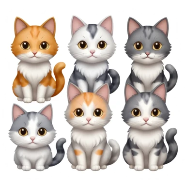 6 realistic looking cats with different natural coloured coats, assorted grey and white, greys, calico, brown and white colours etc
 sticker