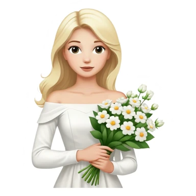 blonde woman in a white off-shoulder dress with long sleeves and a bouquet of white flowers in a white bag in her right hand sticker