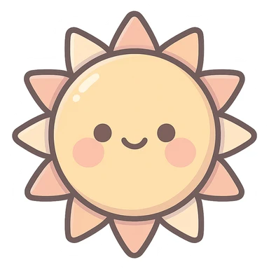 A series Sun of illustrations in a kawaii emoji style, with detailed shading and highlights, thin clean outlines, soft and rounded features. Pastel color palette using #98B5BC, #B5B3C1, #C9A3C9, #E4C0CA, #F7DCD1,#F7C0AA. The style is inspired by modern Japanese pop art and sticker aesthetics. Highly detailed, vector clarity, soft lighting and subtle shadows. Transparent background without background. sticker