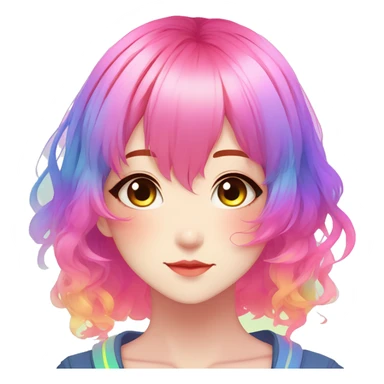 Gorgeous anime style shojo character with blushing face aesthetic and pretty colorful shiny gradient neon rainbow hair with hair garment trending style sticker