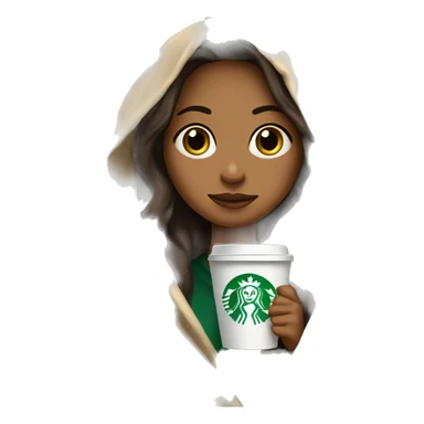 Brune girl inside a blanket beige,  sipping coffee starbucks  with big eyes green sticker