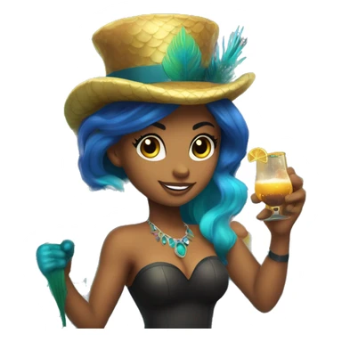 mermaid with peacock feathers for a tail and a toast face and a top hat and a pickaxe in her hand and in her other hand put in a claw machine sticker