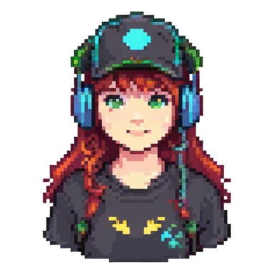 cool gamer girl with headphones and a cap, pixel art style, retro gaming vibe sticker