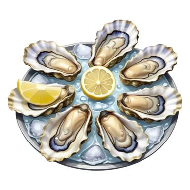 Cinematic fresh oysters on the half-shell, glistening with seawater, served with lemon wedges and ice, soft glowing highlights, elegant and luxurious. sticker
