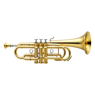Create a professional and polished emoji representing the Brahner trumpet. The design should showcase the shiny brass body of the trumpet, with its distinct valves and bell. Highlight the smooth curves of the tubing and the elegant flared bell at the end. The valves should be visible with their metal buttons, and the mouthpiece should be positioned at the top of the instrument. Use bright gold and brass tones with reflective light effects to emphasize the trumpet’s polished, high-quality finish. Add subtle musical notes around the trumpet to evoke its bright, bold sound. The background should be transparent. sticker