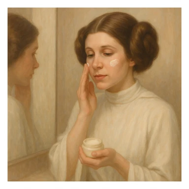Princess Leia from Star Wars applying face cream in front of a mirror, soft lighting, gentle colors sticker