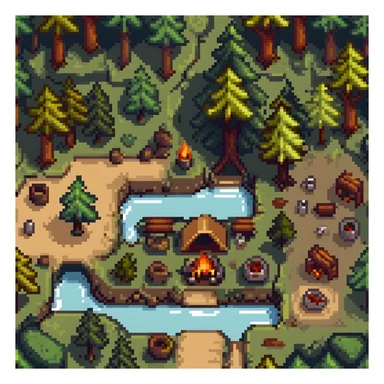 forest camping tile set with trees, tent, campfire, logs, river, rocks, and bushes sticker