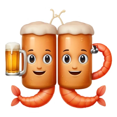 Design a trendy emoji-style illustration of two shrimp peeking from behind text, only half of their bodies visible, curious and playful expressions.
One shrimp holding a beer mug, the other pointing forward.
 sticker