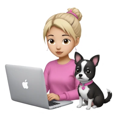 Asian girl with messy bun hair, wearing a white t-shirt, working on an Apple laptop, next to her is a small black and white dog in pink sweater sticker