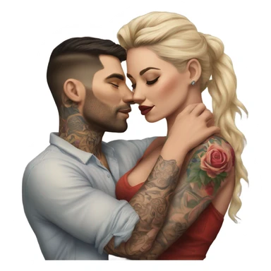 Hyper Realistic beautiful woman in the arms of a very handsome tattooed man kissing  sticker