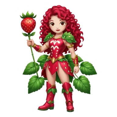 full body woman long curly brown hair brown eyes white skin tattoos muscular build dressed as strawberry spirit, glossy berry armor, leaf boots, confident pose sticker