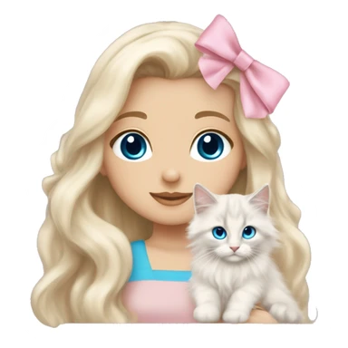 pale blonde girl with long platinum white wavy hair with bright blue eyes and wearing a light pink hair bow holding a beige long haired main coon kitten also wearing a hair bow sticker