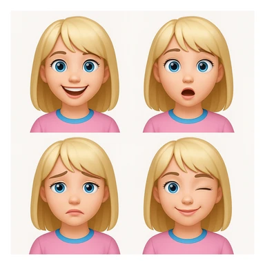 Create four different facial expressions: happy, surprised, sad, and winking. Keep the character with blonde hair with bangs, wearing a pink blouse, and having blue eyes. The style should resemble emoji style as closely as possible. sticker