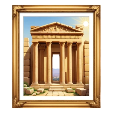 Baalbek temple – Cinematic Realistic Baalbek Temple, depicted as an ancient Roman temple complex with towering columns and intricately carved stone details, bathed in golden sunlight and dramatic shadows that evoke timeless historical grandeur. sticker