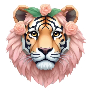 Pixel art of a pixel pink peach beige blue cream pastel pixel tiger pixel lion wearing tropical flowers and leaves, flower crown, floral, pixel sticker