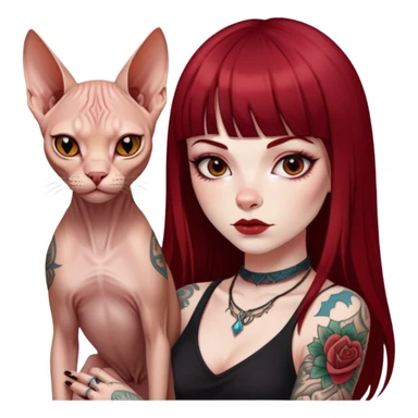 girl with long dark red straight bangs hair and tattoos and a Sphynx sticker