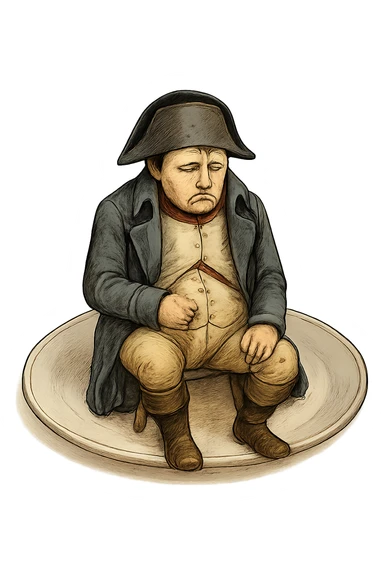 Сгенерируй мне такую же тарелку, только чтобы на ней сидел наполеон бонапарт, грустный, в чуть чуть рваной одежде. ТОРТ УБЕРИ ПОЛНОСТЬЮ. На прозрачной фоне. Наполеон должен быть цветной sticker
