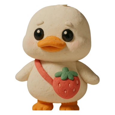 chibi white duck with a strawberry-shaped shoulder bag, pastel 3D clay style, big shiny eyes, soft lighting, kawaii aesthetic sticker