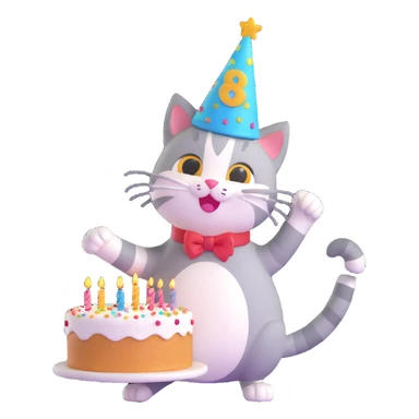 cartoon cat with a birthday hat and cake, celebrating, confetti background sticker