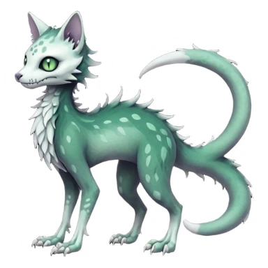 Scaley Kawaii spectral spooky dark bleak blackish swampy white-skeletal gloomy ghostly dark greyish dark-deep-greenish foggy eldritch beautiful realistic edgy fantasy ghoul-like stitched feline-vernid-sergal-fursona animal creature with a tufted tail full body with intricate markings  sticker