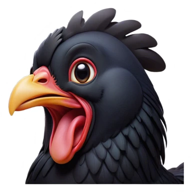 Cinematic Cute Yawning Black Chicken Portrait Emoji, Head tilted slightly with a dramatic, wide-open yawn, showcasing a soft, glossy black plumage with subtle hints of iridescence and a distinctive red comb, floppy wings slightly drooping, round beady eyes barely open in drowsy contentment, Simplified yet irresistibly adorable features, highly detailed, glowing with a soft, cozy glow, high shine, relaxed yet expressive, stylized with a touch of whimsy, bright and endearing, soft glowing outline, capturing the essence of a sleepy yet affectionate chicken, so drowsy it feels like it could stretch out of the screen and curl up for a nap! sticker