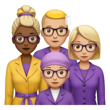 FIVE person team; 2 men and 3 women.  All dressed in yellow or purple.  2 caucasian women have blonde and 1 has ash blonde hair tied up.  1 man is African-american and bald, 1 man is caucasian and very little hair left.  All have glasses sticker