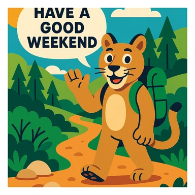 a friendly illustrated style cougar on a hiking trail, smiling, with a speech bubble saying 'Have a good weekend' sticker