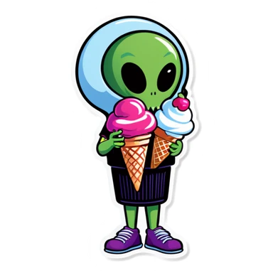 an alien enjoying ice cream sticker