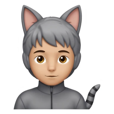 Boy kid in gray cat suit with tail and ears sticker