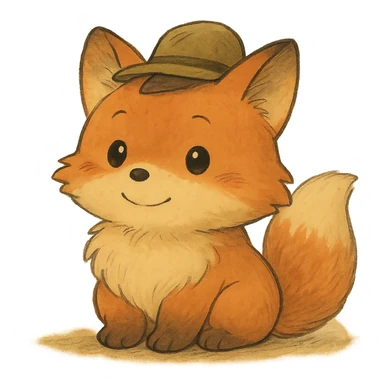 A cute, fluffy fox with a round head in the style of Studio Ghibli, wearing a hat. sticker