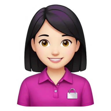 girl  with black hair wearing a magenta shirt with white name tag smiling sticker