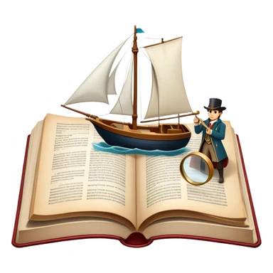 Icon for Reading Fiction: a large open book with pages turning, a sailboat sailing across the pages, Musketeers on horseback, Sherlock Holmes with a magnifying glass, and other literary elements. The icon should evoke the adventurous spirit of storytelling. Transparent background. sticker