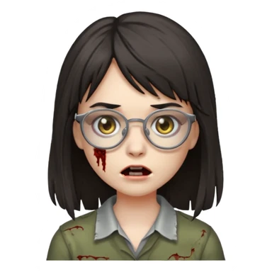  iPhone emoji is a zombie girl with dark hair long below her shoulders bangs and a ragged haircut gray eyes glasses  sticker