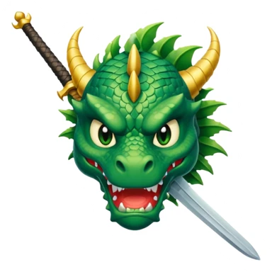 green dragon's head with a sword through it, looking defeated, representing overcoming obstacles, WhatsApp emoji style sticker