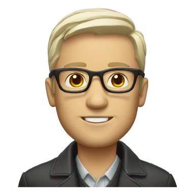 white man with straigth hair, glasses, a jacket and a necklace sticker