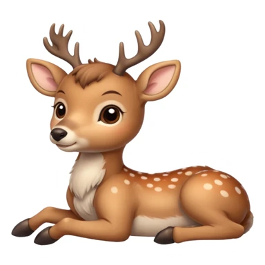 Cute beige deer lying down, legs folded, soft fur with lighter spots, big eyes, gentle smile, short antlers, simple cartoon style. sticker