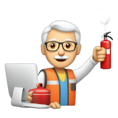 elderly man pointing fire extinguisher at a computer sticker