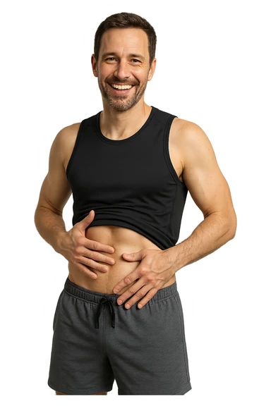 uomo fitness realistico che si tocca la pancia magra felice, iperrealistico 4k sticker