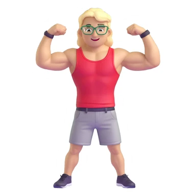 Man with black and white cap, bare muscular torso, red shorts, clear glasses, messy light blond mullet hairstyle, flexing and smiling sticker