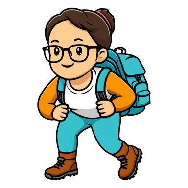 Woman in her late 30s with glasses wearing sporty outfit, hiking boots, and backpack looking happy and curious sticker