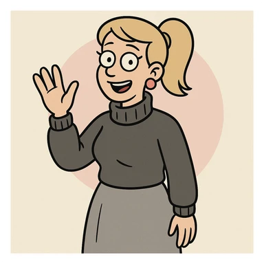 Women Medium Blonde median ponytail hair pink circle earrings Charcoal Athens Merino Wool Roll Neck Jumper Grace skirt a hand say hello sticker